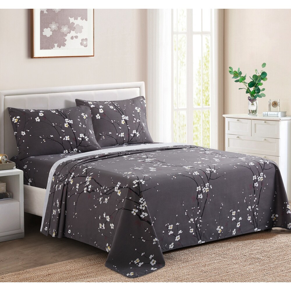 Marina Decoration Printed 600 Thread Count Soft Deep Pocket Cotton Blend Percale Bedding Sheet Set  Grey Plum Blossom Floral