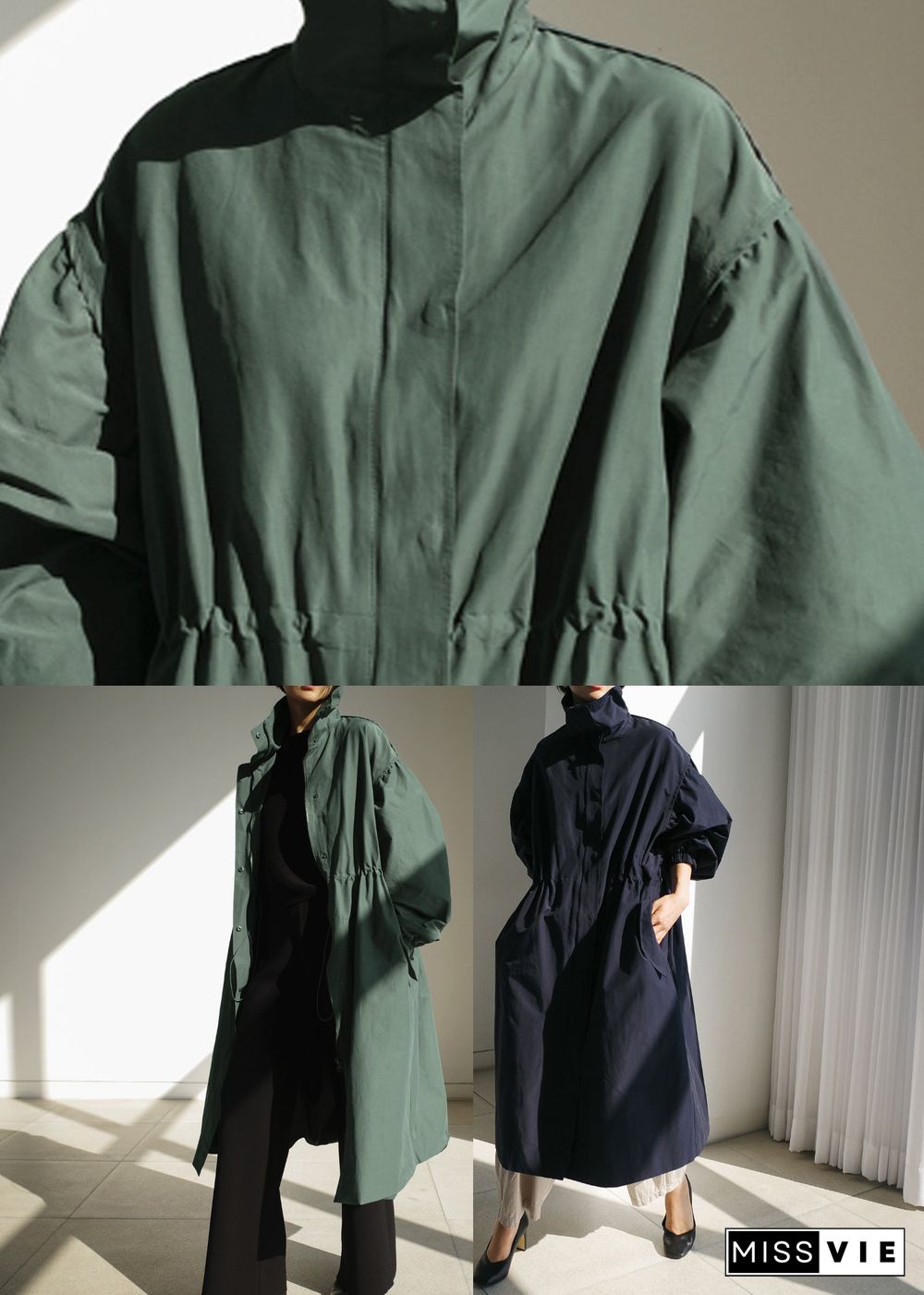 Navy Stand Collar Zippered Trench Coats Long Sleeve