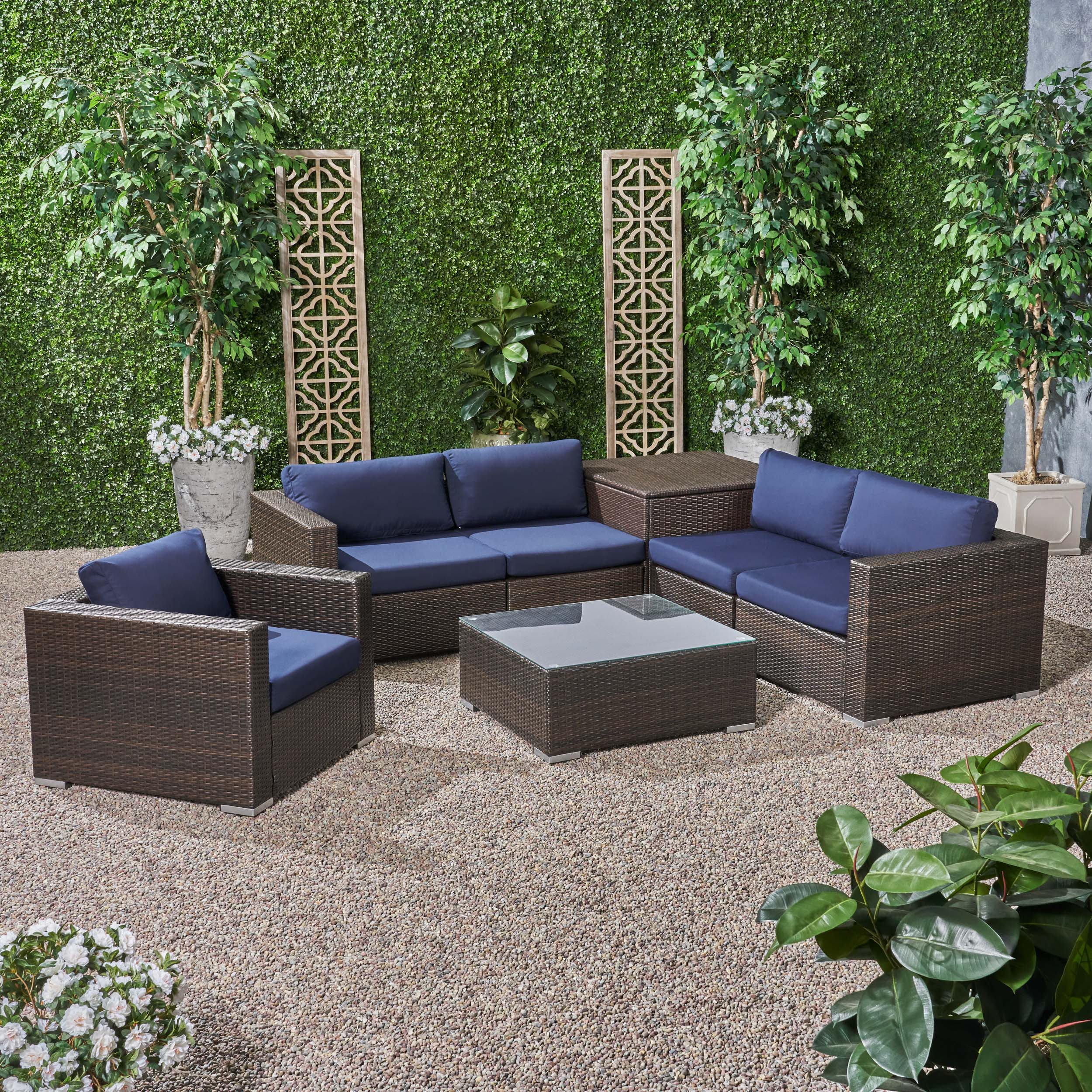 Kyra Outdoor 5 Seater Wicker Sectional Sofa Set with Storage Ottoman and Sunbrella Cushions