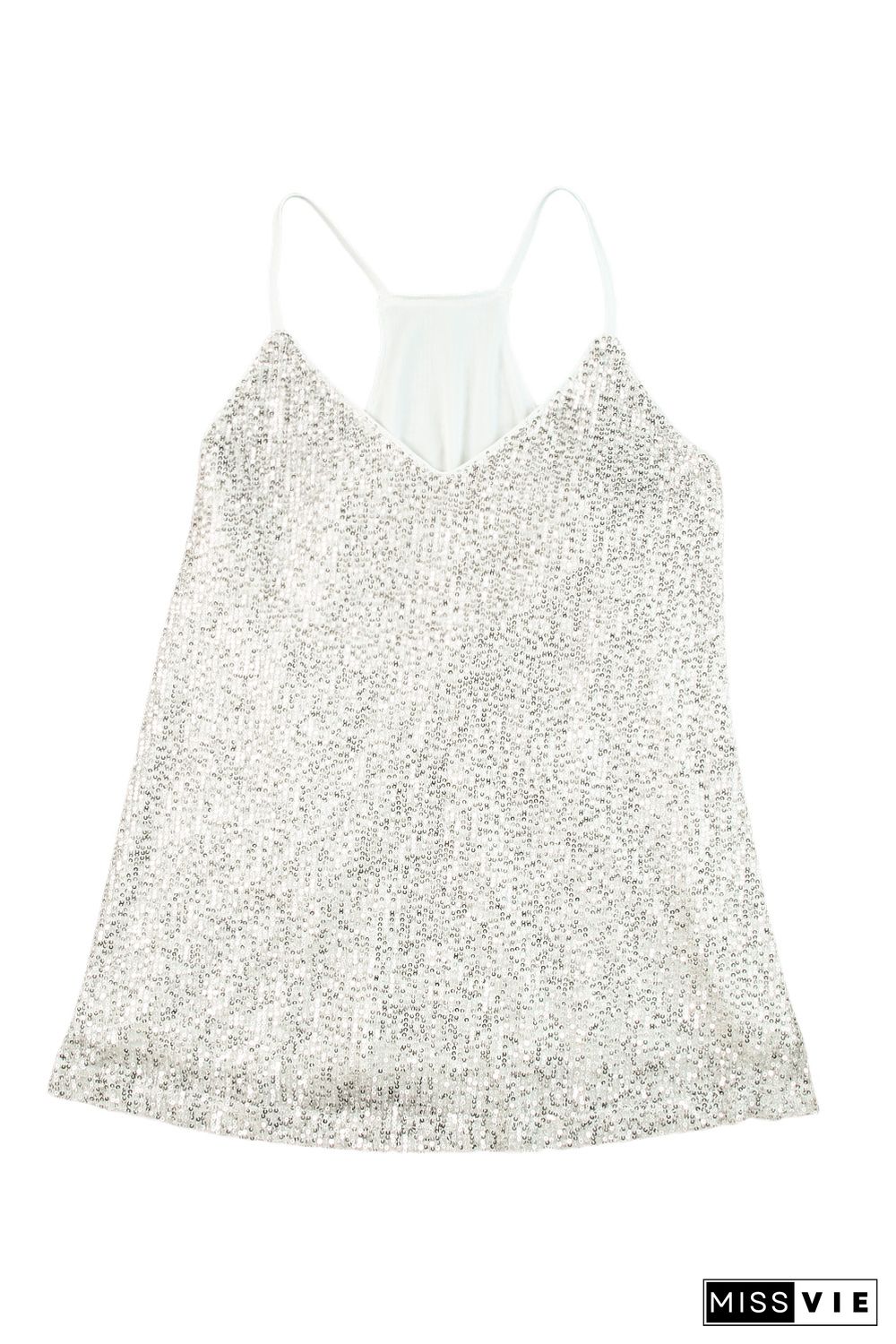 Silver Spaghetti Straps Sequin Tank Top