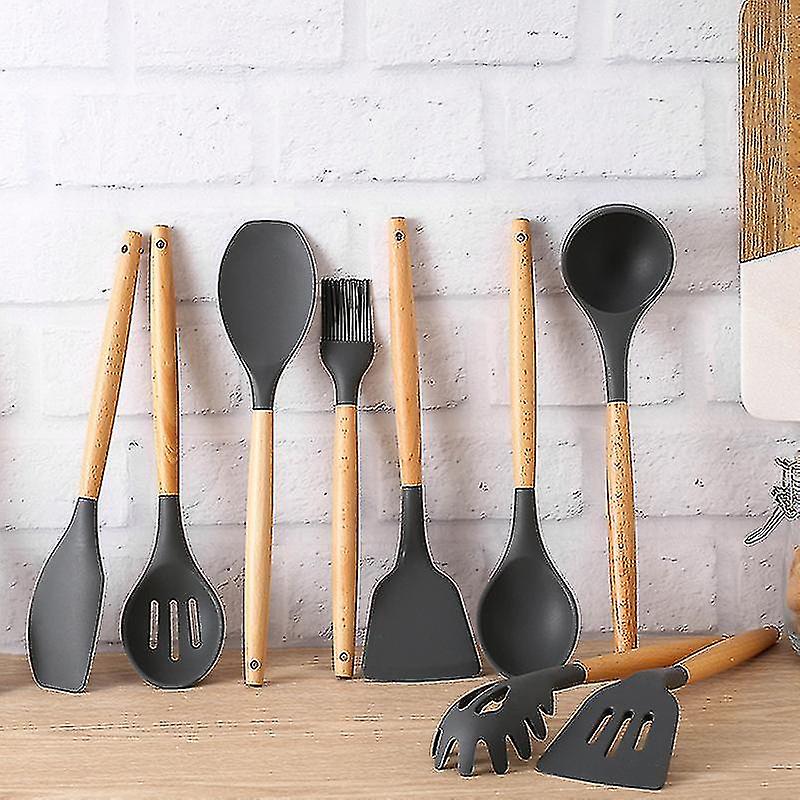 Heat Resistant Silicone Spatulas Set For Non Stick Pan Cookware Wooden Long Handle Spatulas Gray Rubber Spatula