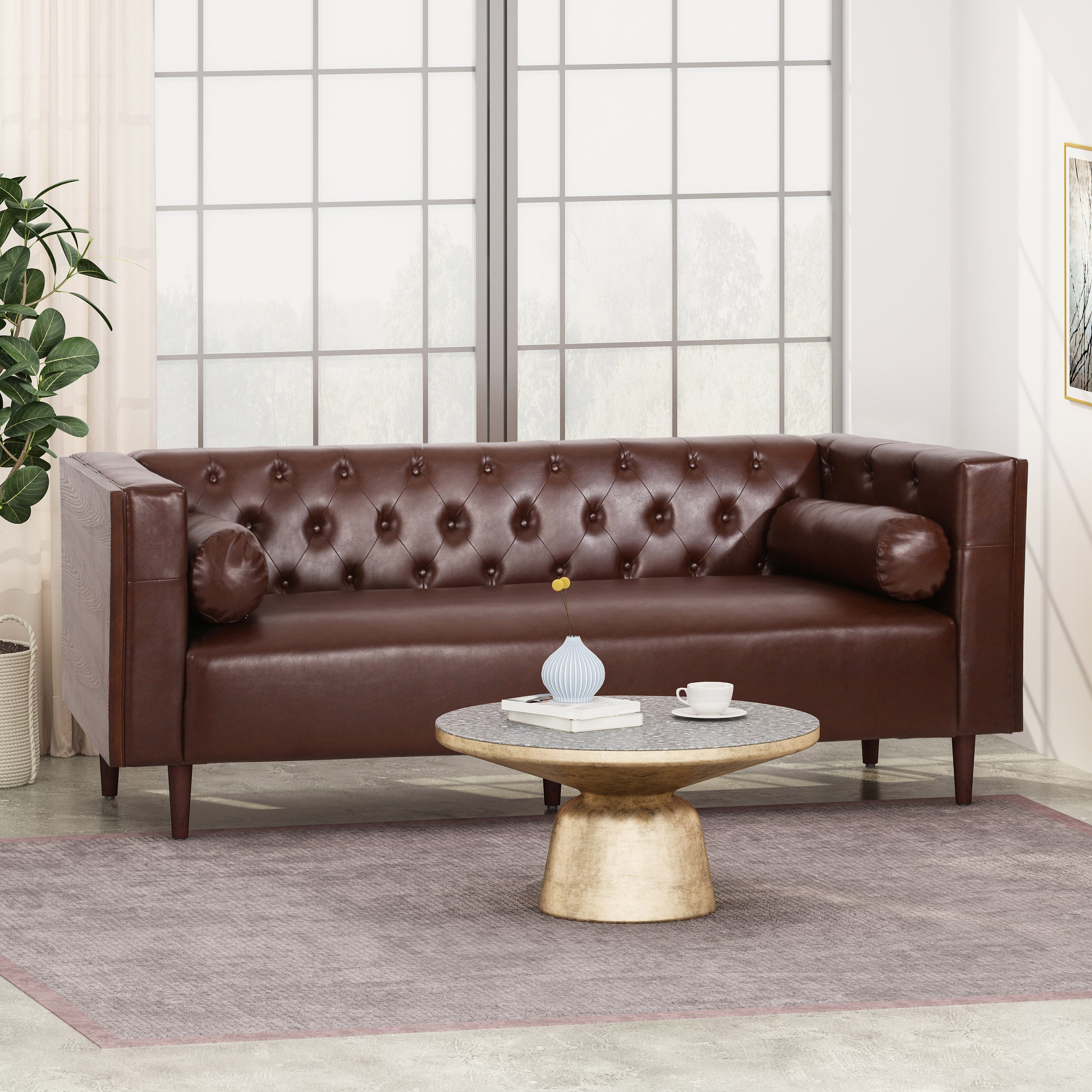 Neilan Contemporary Tufted Deep Seated Sofa with Accent Pillows