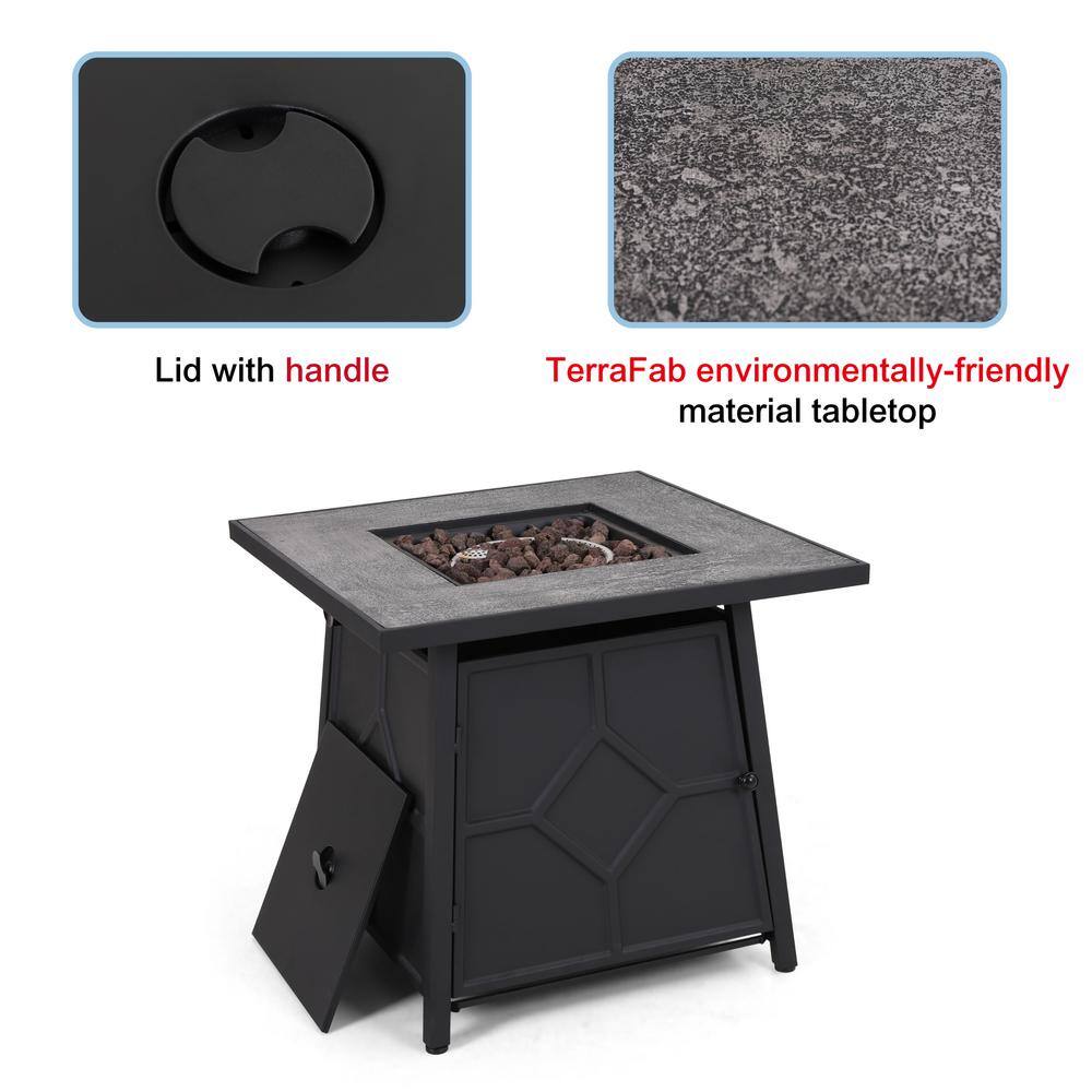 PHI VILLA 28 in. W x 24.8 in. H Square Black Metal Base Propane Gas Fire Pit Table with Gray TerrFab Top THD-E02GS008