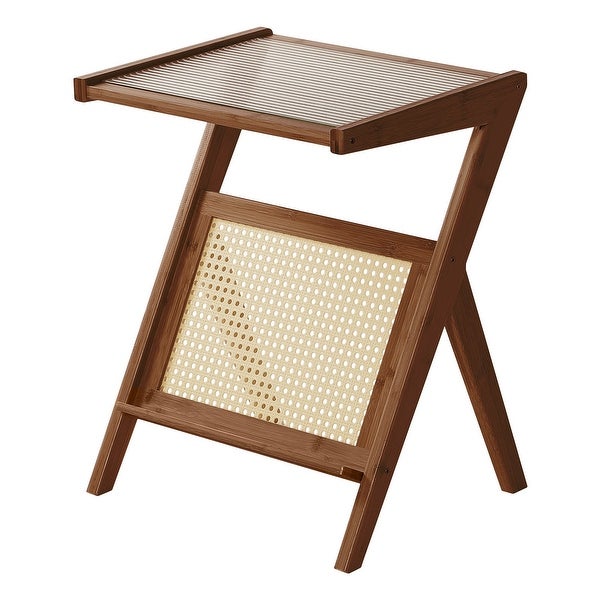 Bamboo Glass-top End Table with Rattan-like Magazine Rack