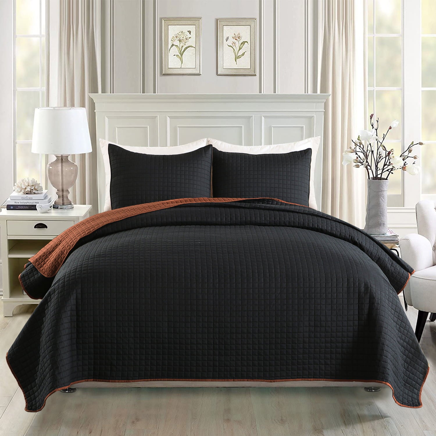 JML Quilt Set 3 Piece Microfiber Coverlet Shams Set， Reversible Queen， Black and Matcha