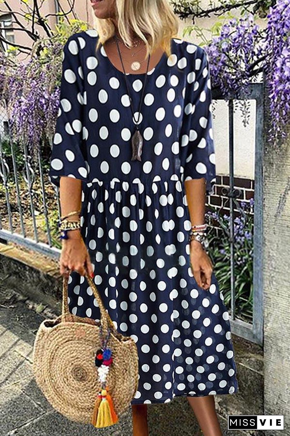 Casual Polka Dots Print Paneled Side Pockets Midi Dress