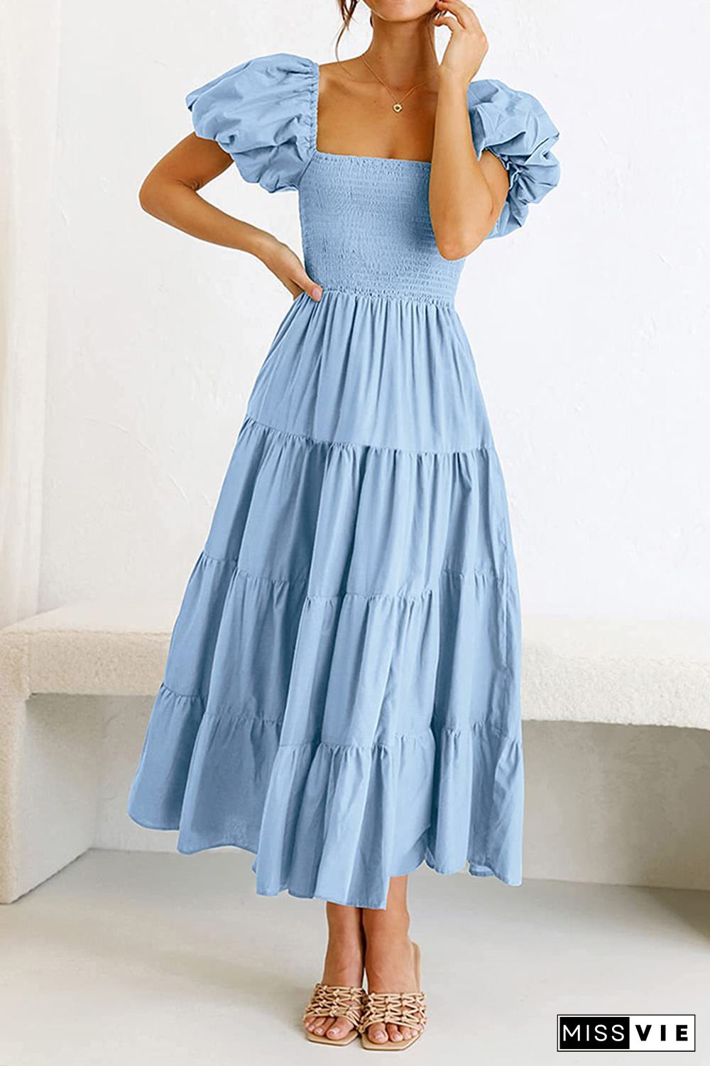 Square Neck Puff Sleeves Tiered Long Dress