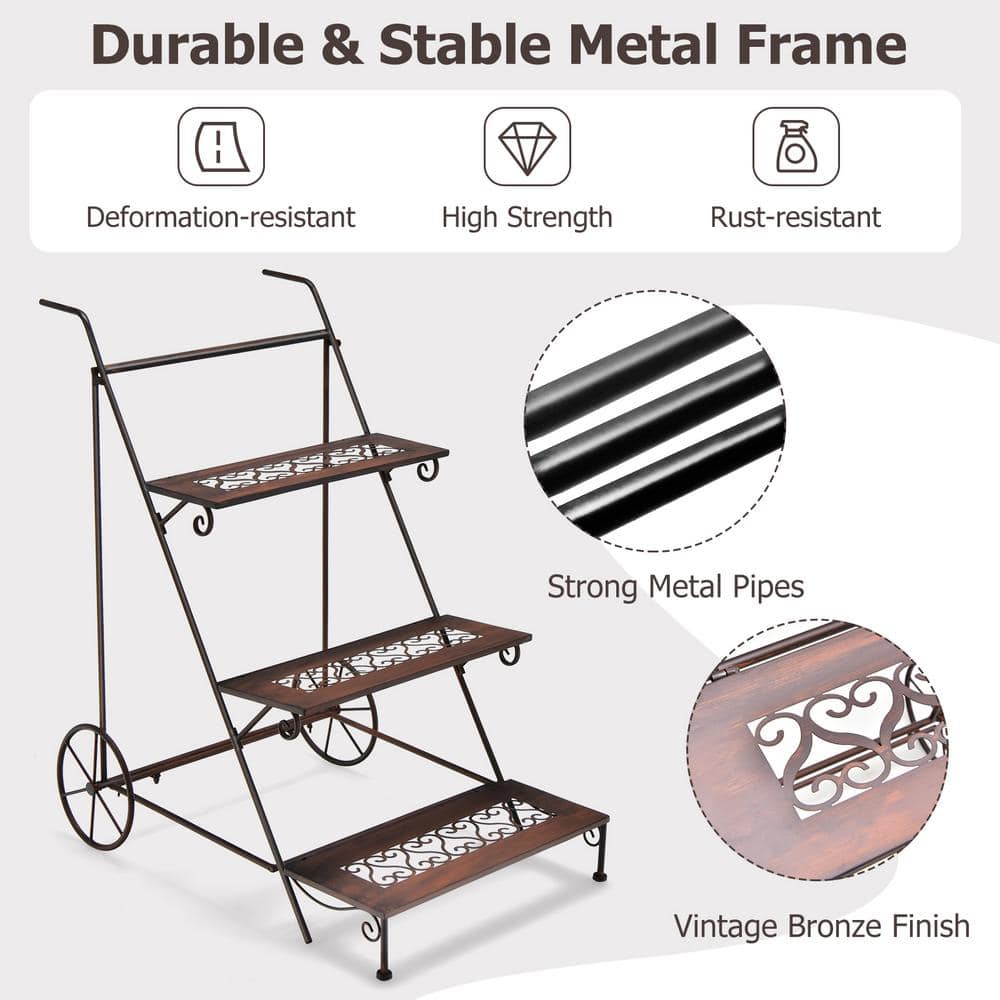 ANGELES HOME 33.5 in. H 3-Tier Metal Plant Stand with Wheels and Handle for Balcony 8CK10TA019