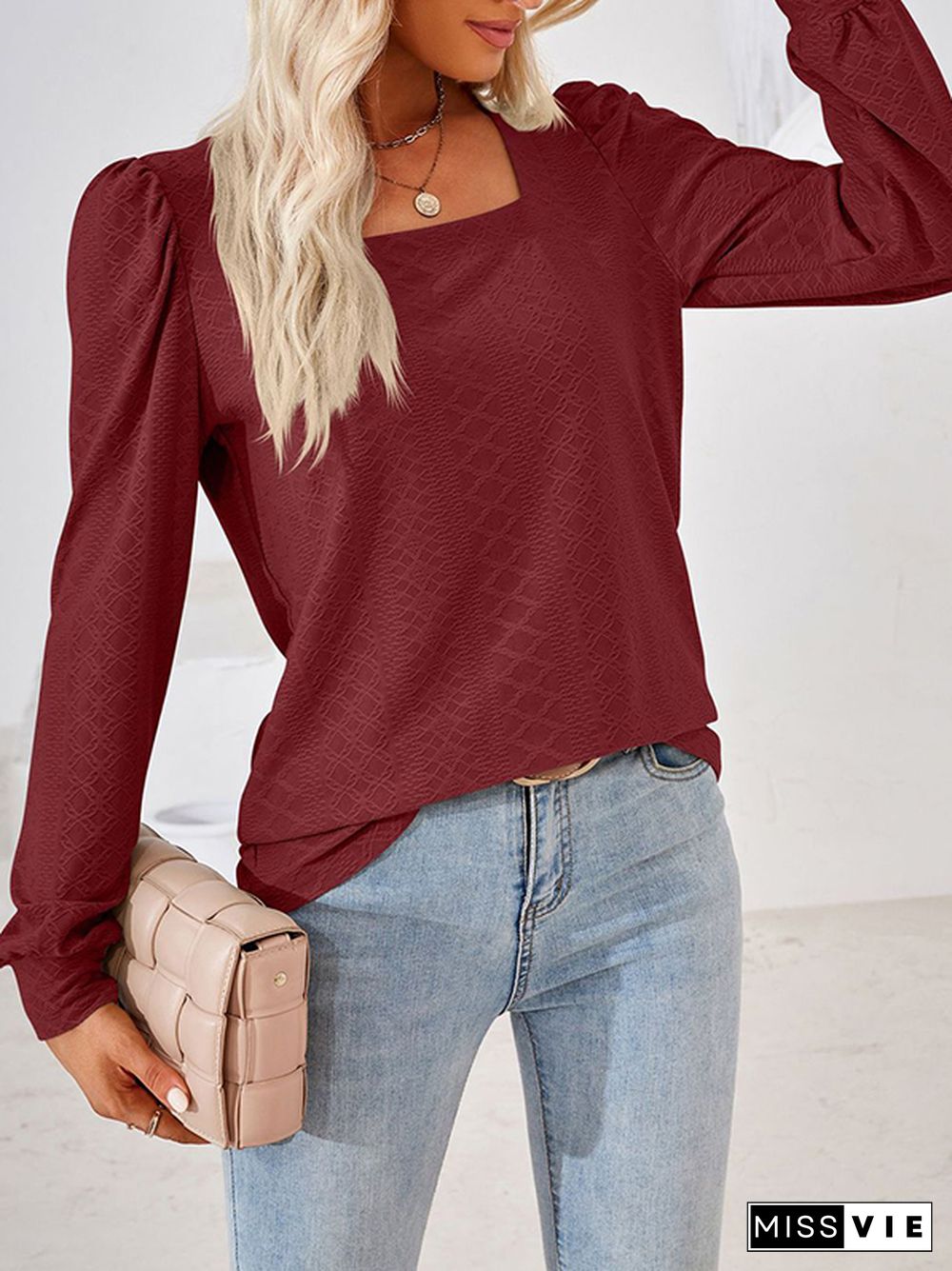 Loose Jacquard Solid Color Square-neck T-Shirts Tops