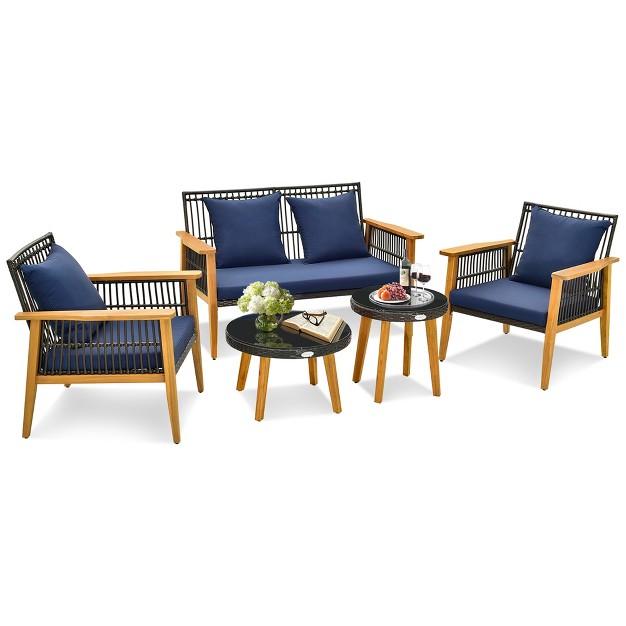 Costway 5pcs Outdoor Rattan Woven Conversation Set Stable Acacia Wood Frame For Backyard Navy beige