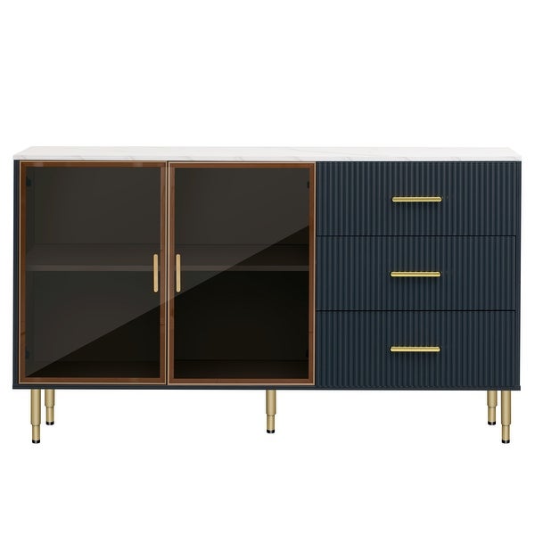 Modern Sideboard MDF Buffet Cabinet Marble Sticker Tabletop and Amber-yellow Tempered Glass Doors with Gold Metal Legs