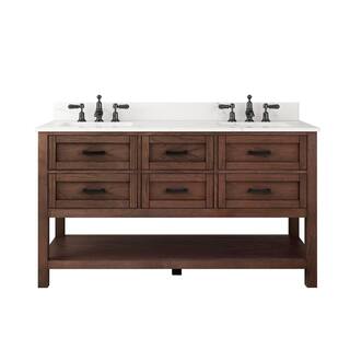 Home Decorators Collection Tolbrook 60in. W x 22 in. D x 34 12 in. H Vanity in Brown Oak with Engineered Carrara Marble Top and White Sinks TJ-0204V6022BR