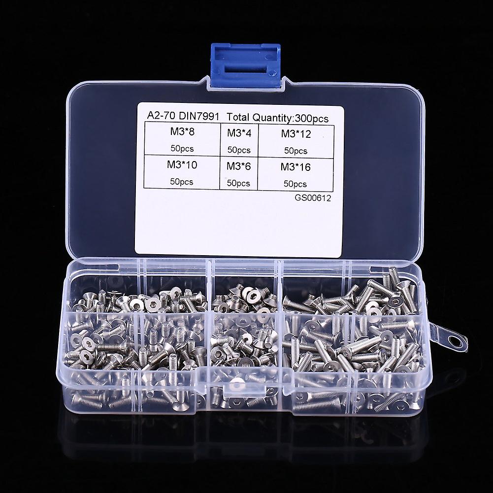 300pcs M3 Hex Socket Flat Head Stainless Steel Ss304 Screw Bolt Assortment In Box