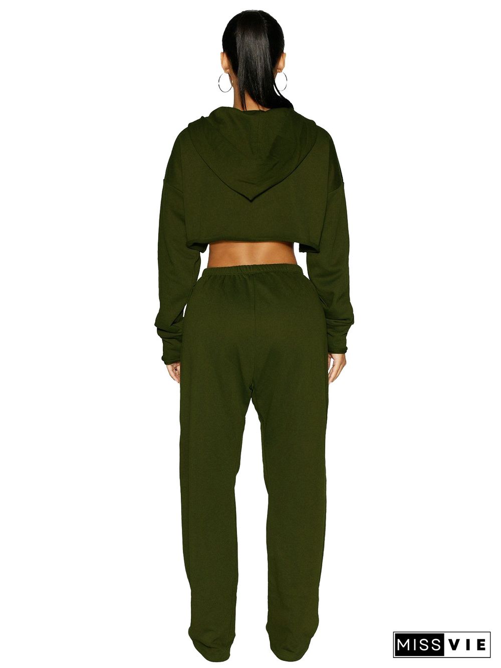 Thicken Zip Hooded Crop Top Wide Leg Pants Set