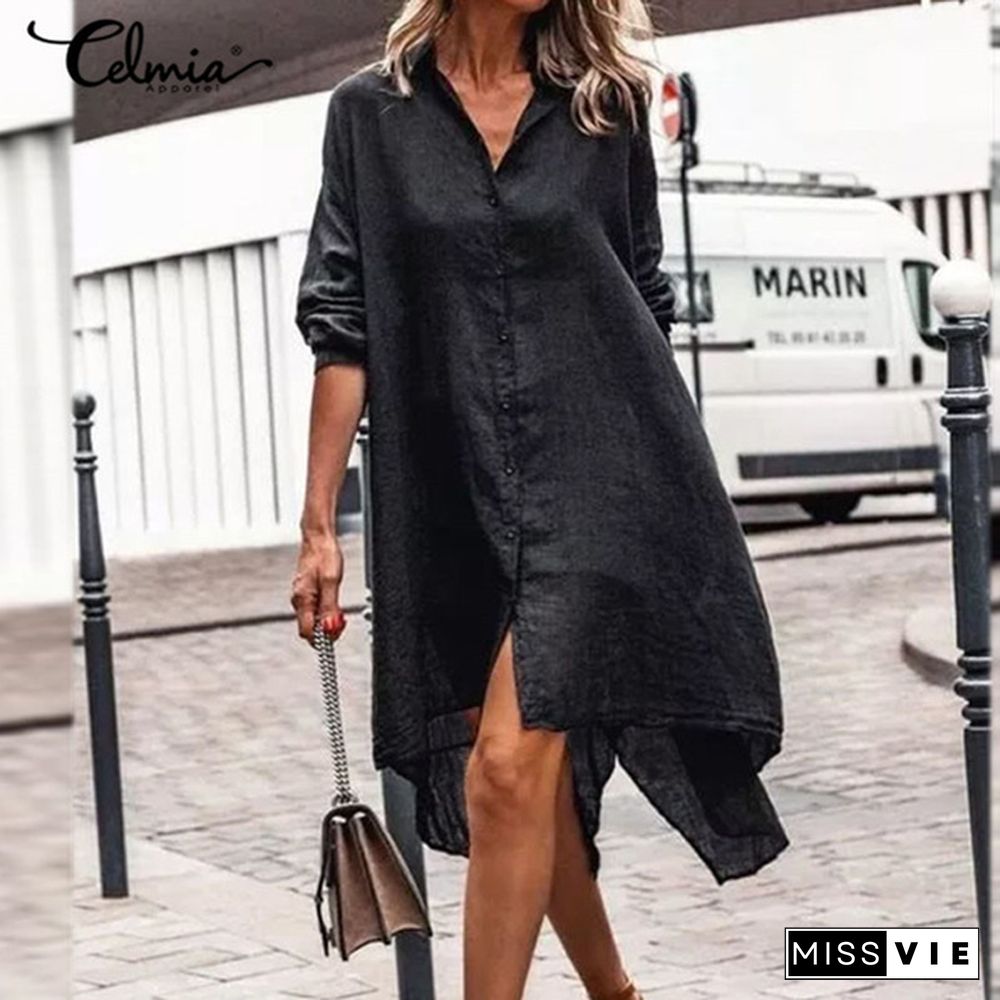 Celmia Women Cotton Long Sleeve Shirt Dress Fashion Irregular Split Hem Party Long Dress Vestidos Plus Size