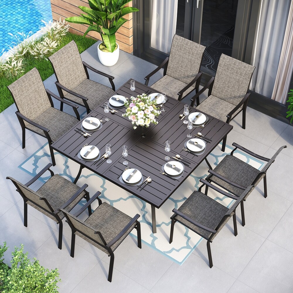 9 Piece Patio Dining Set  60 Inch Square Metal Table and 8 Textilene Fabric Padded Armchairs