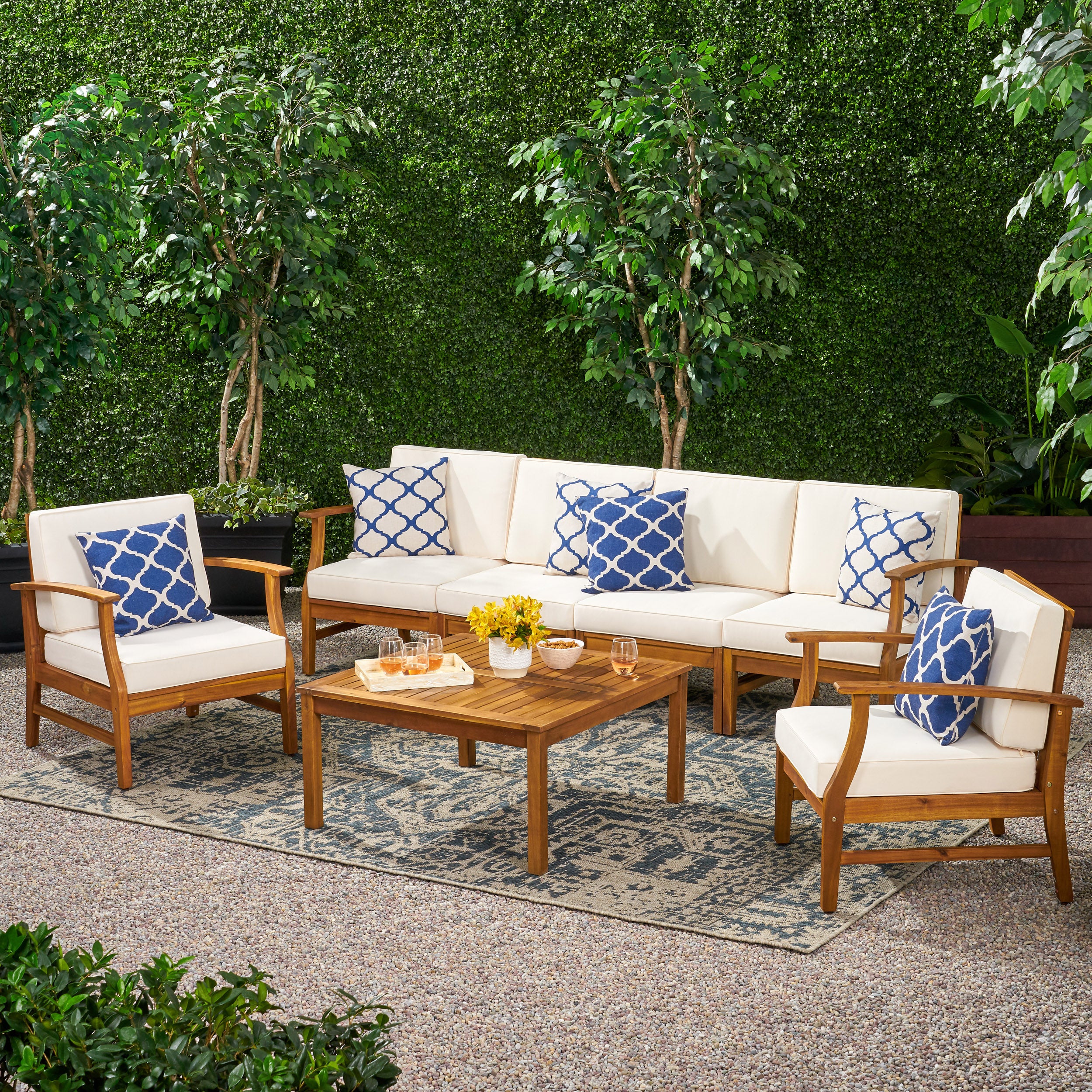 Scarlett Outdoor 6 Seat Teak Finished Acacia Wood Sofa and Table Set