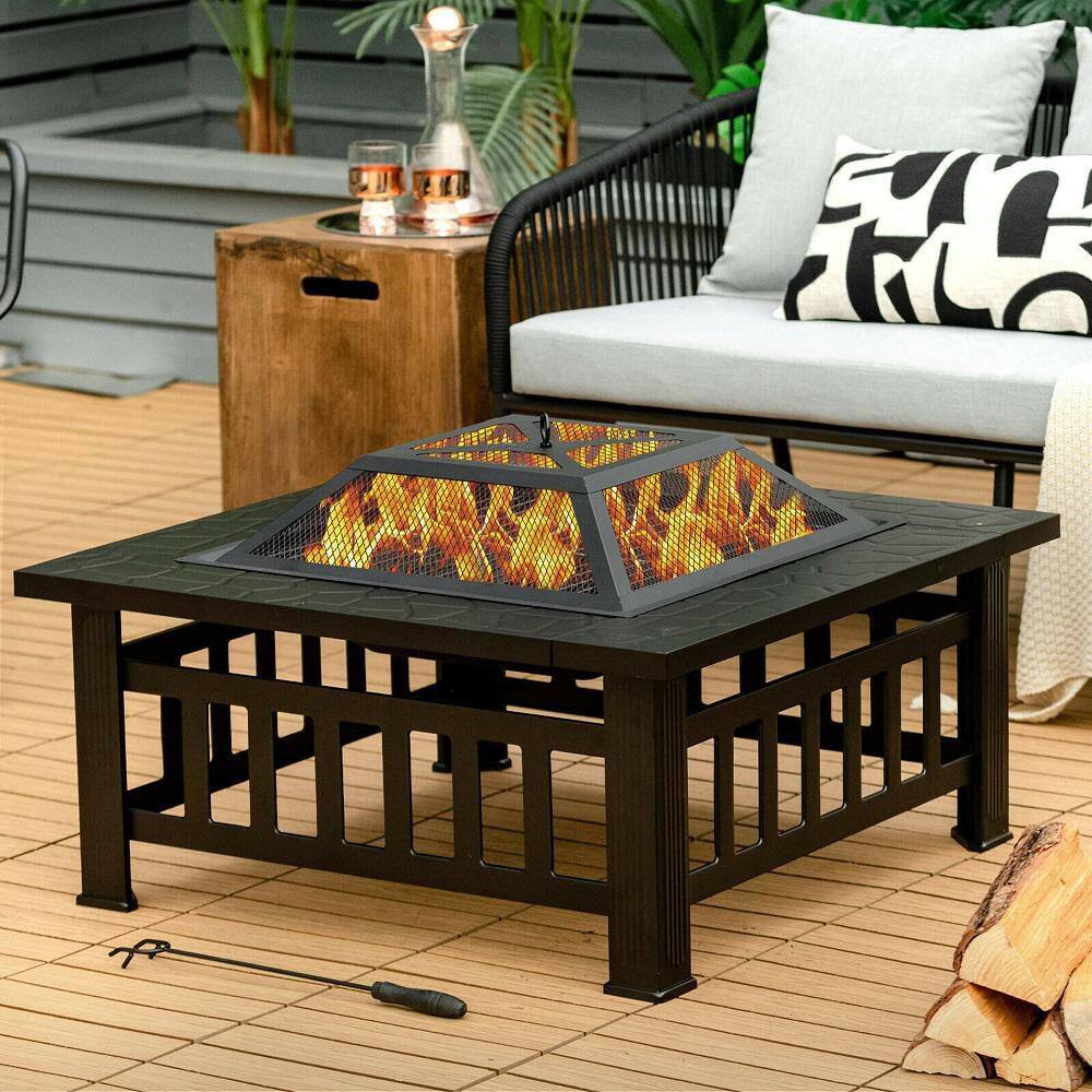 Gymax 32 in. 3-In-1 Outdoor Square Fire Pit Table with BBQ Grill Rain Cover for Camping GYM08940