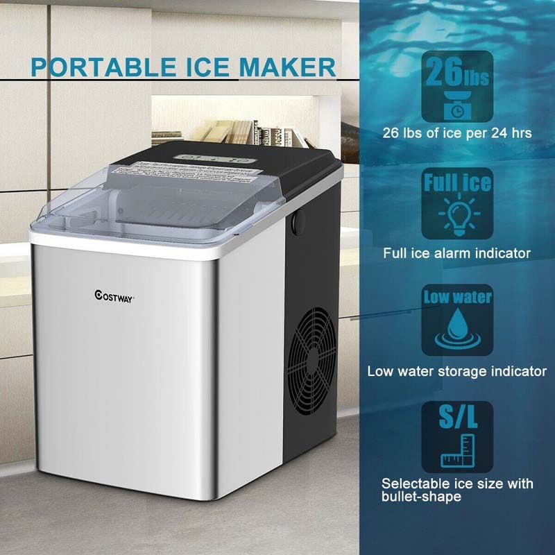 26LBS/24H Portable Ice Maker Countertop, Auto-Clean Stainless Steel Ice Machine