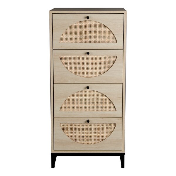 Boho Dresser Tower， Free Standing Storage Cabinet with 4 Rattan Drawers， Hallway Wooden Tall Storage Dressers Drawer Units - - 35711439