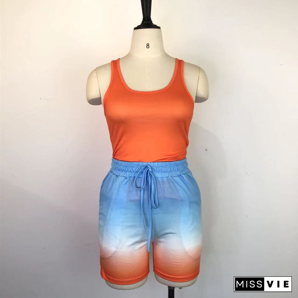 Sleeveless Tank Tops+Gradient Print Shorts Tracksuit