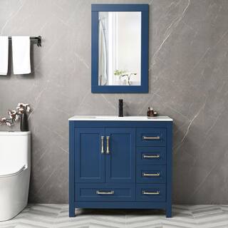 eclife 36 in.  W x 18.3 in.  D x 34 in  H Single Sink Bath Vanity in Blue with White Ceramic Top and Mirror Drain Faucet Set BV019BU+VS020