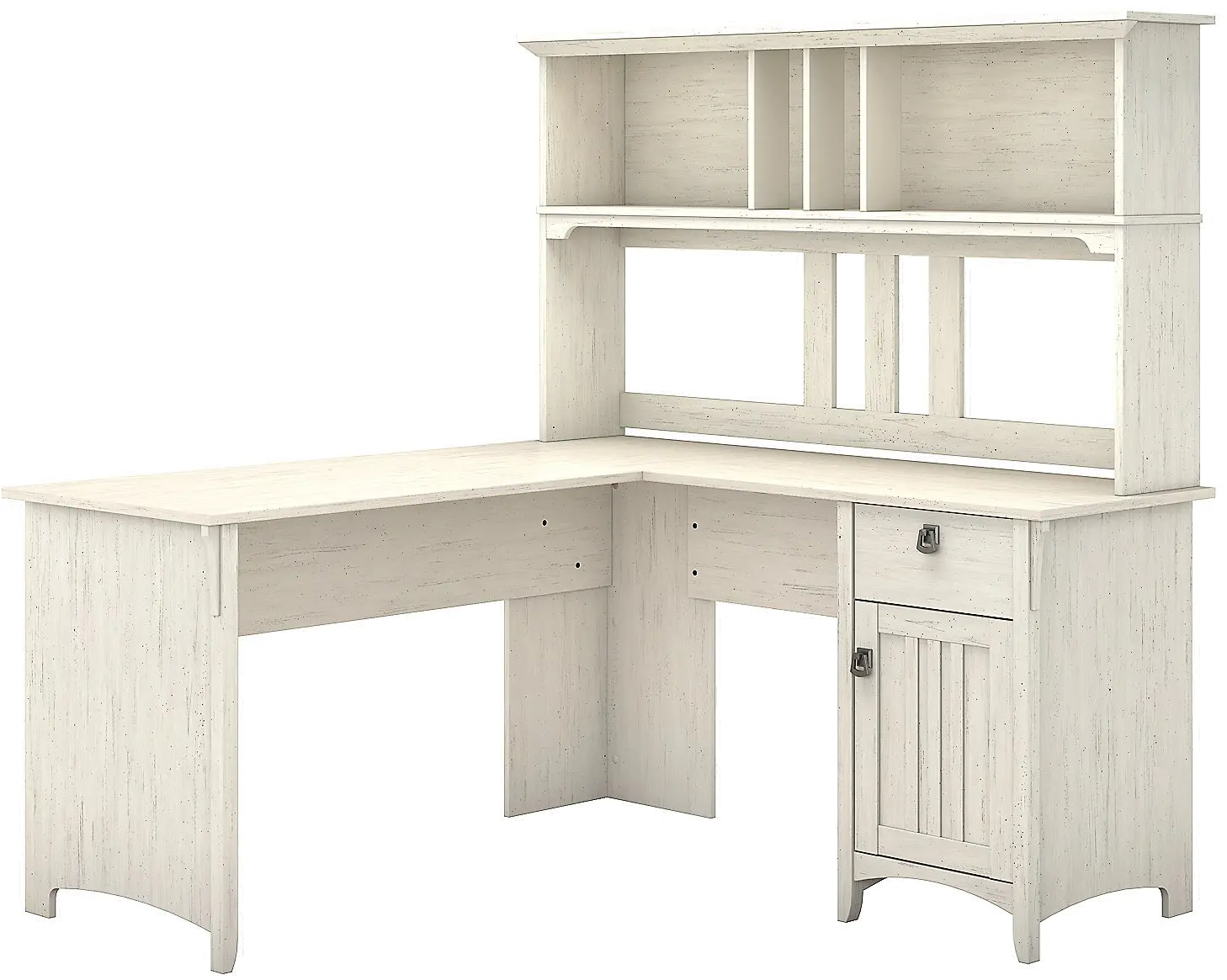 Salinas Antique White L Shaped Pedestal Desk with Hutch - Bush Furniture