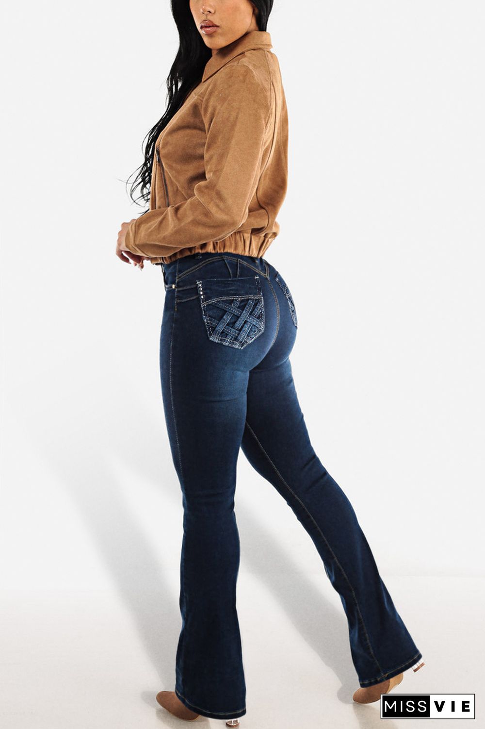 Criss Cross Pocket Detail High Rise Flare Jeans