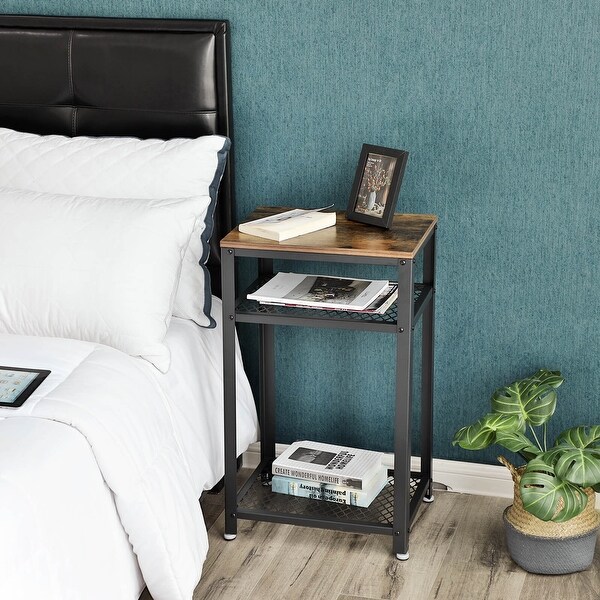 Industrial Side Table， End Telephone Table with 2-Tier Mesh Shelves， for Office Hallway， Wood Look Accent Furniture