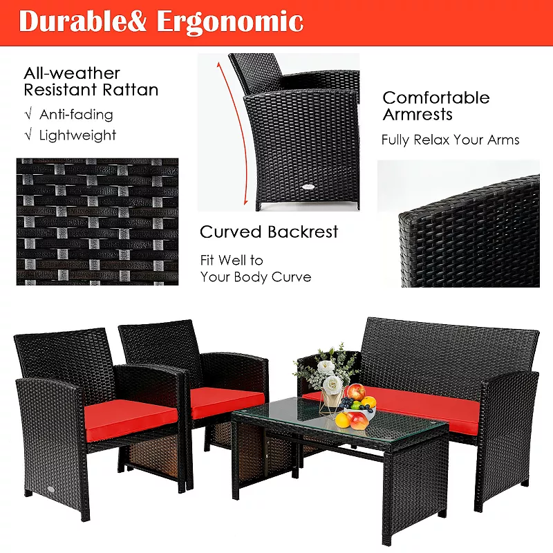 4 Pieces Patio Rattan Cushioned Furniture Set