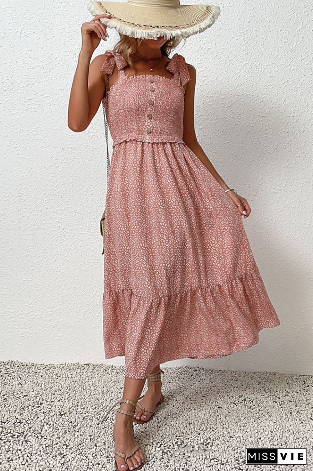 Pink Button Down Smocked Top Ruffle Floral Maxi Dress