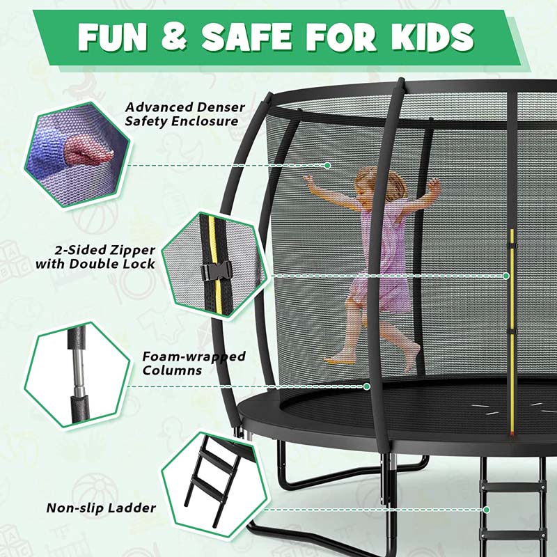 8/10/12FT ASTM Approved Outdoor Large Recreational Trampoline with Ladder & Enclosure Net Safety Pad