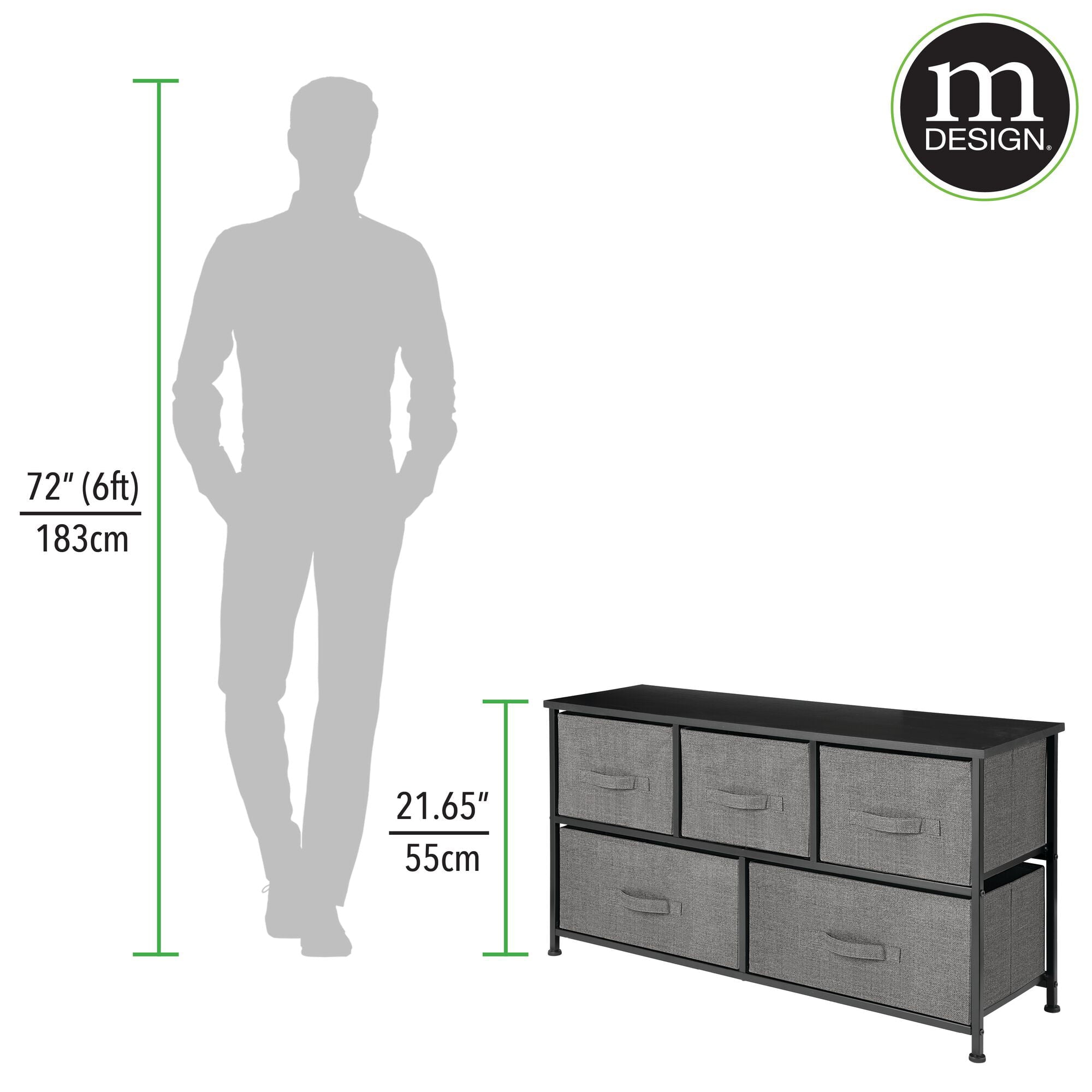 mDesign Wide Steel Frame/Wood Top Storage Dresser Furniture Unit with 5 Removable Fabric Drawers, Large Bureau Organizer for Bedroom, Living Room, Closet - Lido Collection, Charcoal Gray