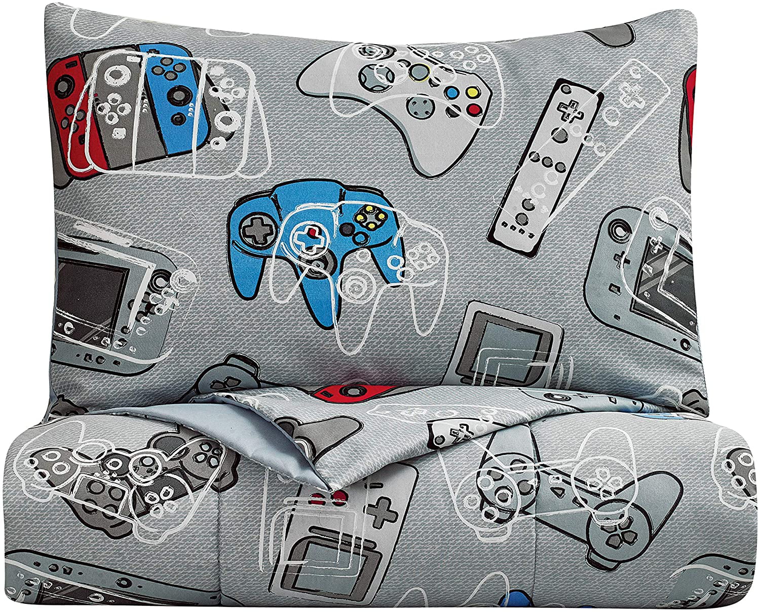 Kids Rule 5 Piece Gamer Glow in The Dark Bedding Set， Game Controllers Print， Blue， Grey - Twin