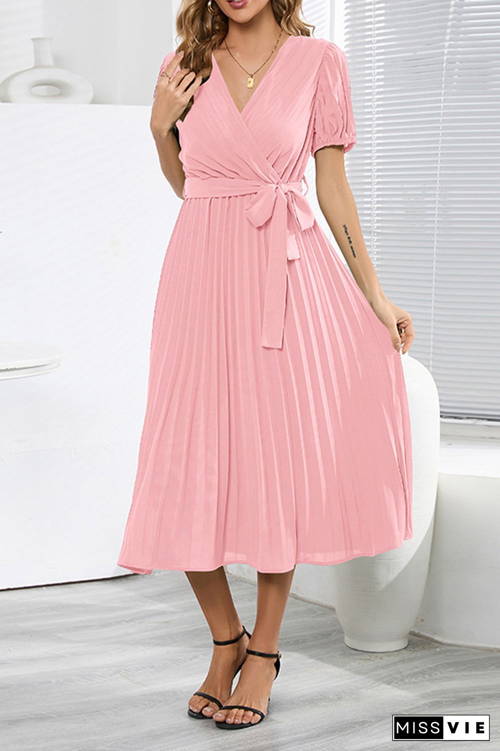 Plain Wrap V Neck Pleated Midi Dress With Sash