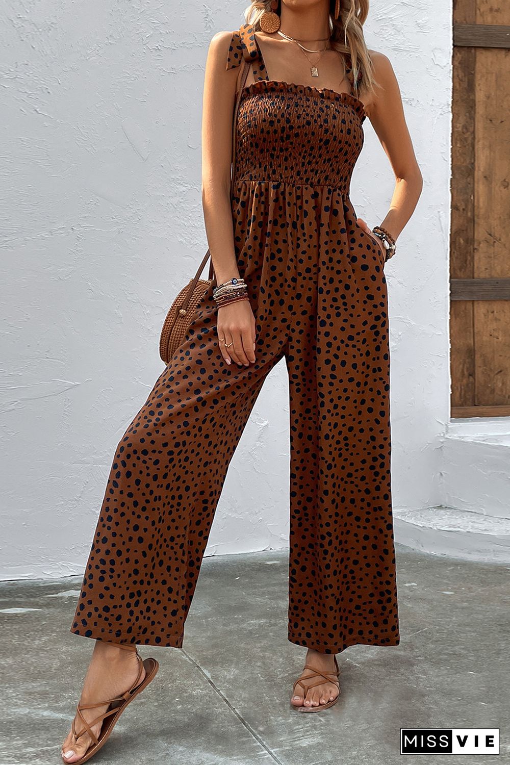 Brown Cheetah Print Smocked Wide Leg Jumpsuit