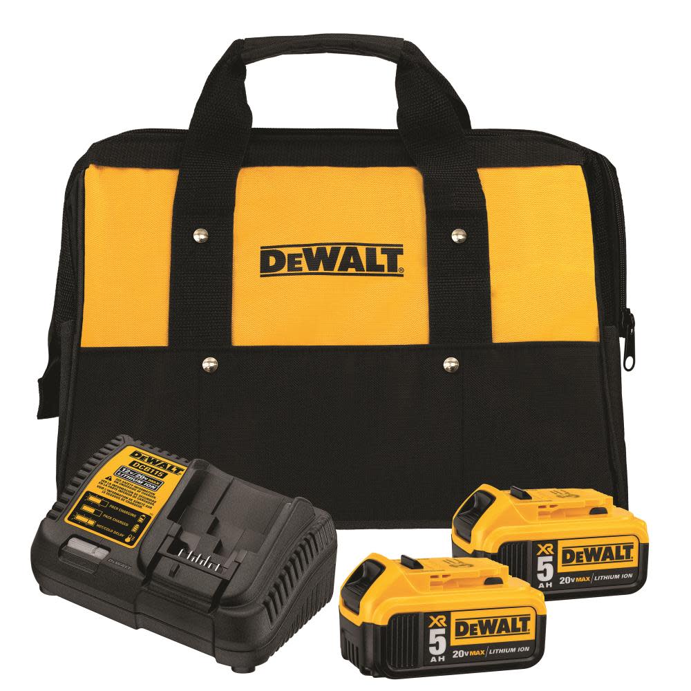 DEWALT 20V MAX XR Starter Kit 5.0Ah Battery 2 Pack with Charger and Bag DCB205-2CK from DEWALT