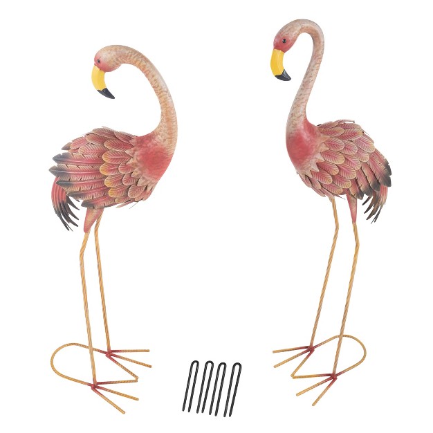 Flamingo Garden Statues Set Of 2 Lawn Ornaments Handcrafted Bird Decor Easy To Assemble Metal Yard Art With Stakes Included By Pure Garden