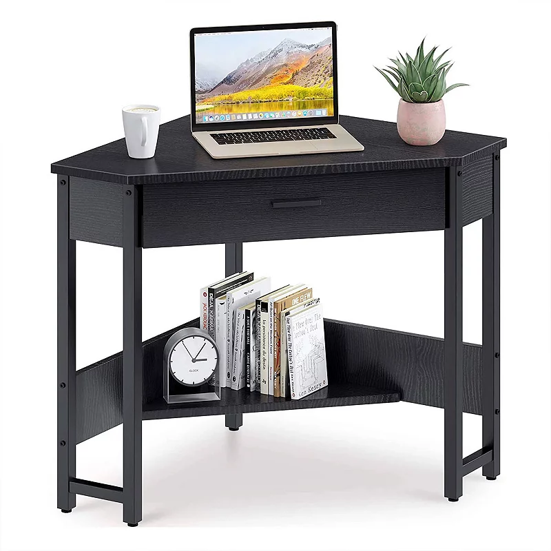 ODK Modern Triangle Corner Computer Writing Desk with Storage Drawer， Black