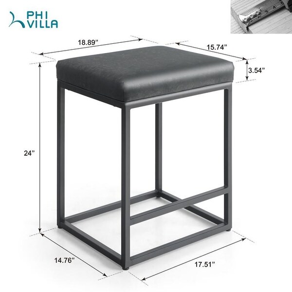 PHI VILLA 24'' Square PU Leather Bar Stool with Sturdy Metal Frame， Set of 2