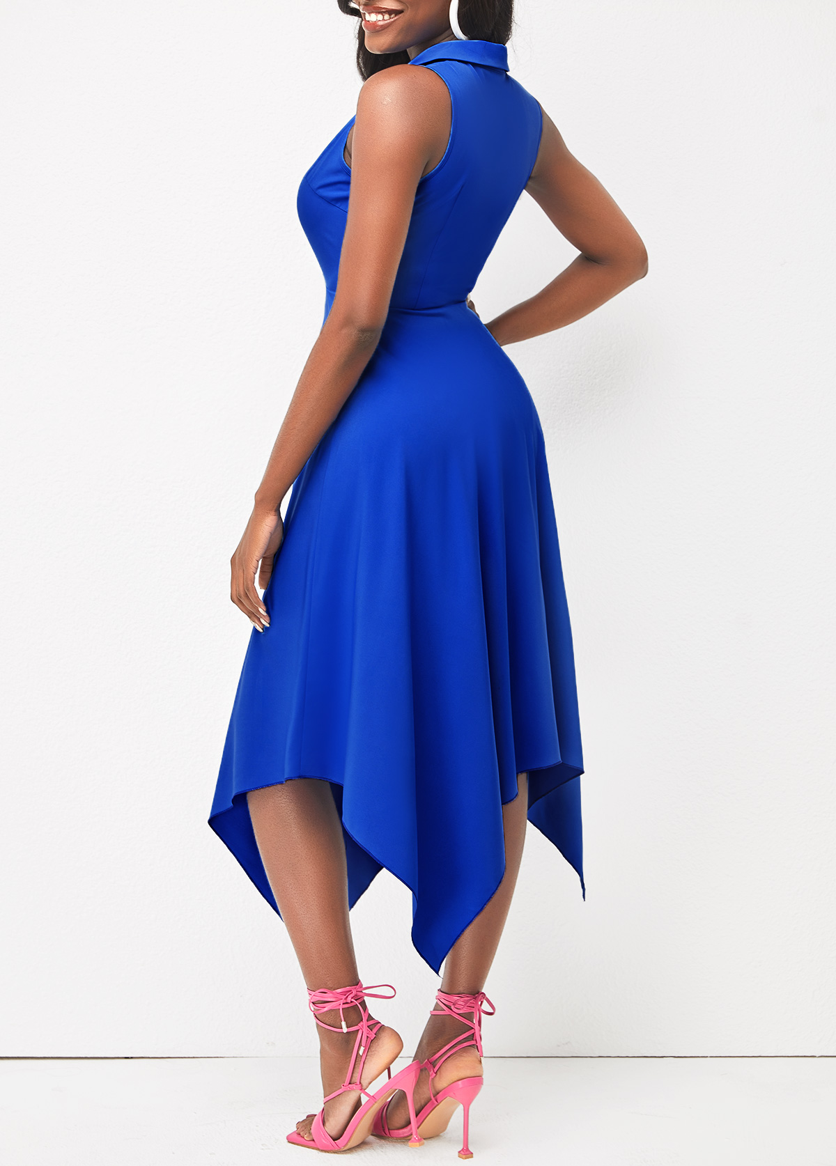 Sleeveless Asymmetric Hem Royal Blue Shirt Dress