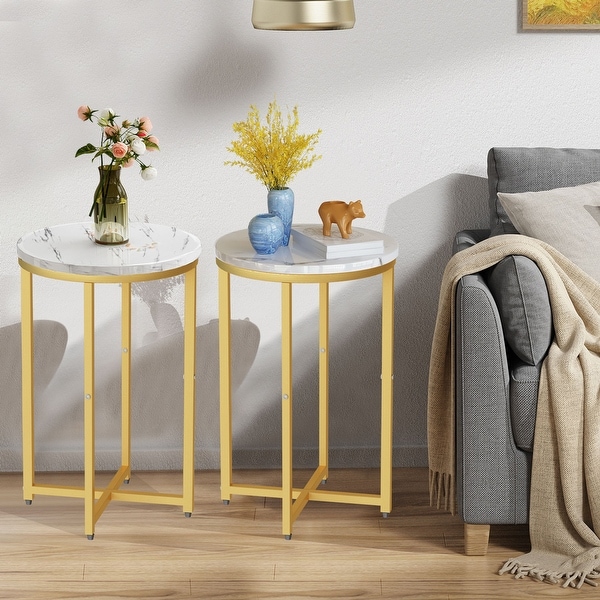 Set of 2 Round End Side Table with Faux Marble Top and Metal Frame