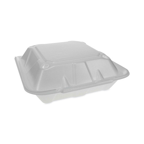 Pactiv Evergreen Vented Foam Hinged Lid Container， Dual Tab Lock Economy， 3-Compartment， 9.13 x 9 x 3.25， White， 150/Carton (YTD19903ECON)