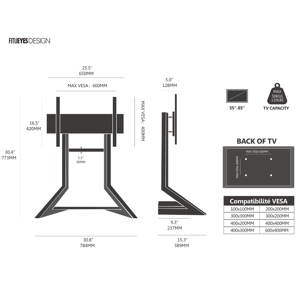 FITUEYES Universal TV Stand Tabletop Fits 55 to 85 inch TVs Walnut