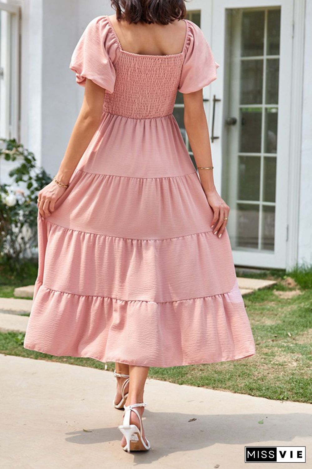 Square Neck Puff Sleeves Tiered Long Dress