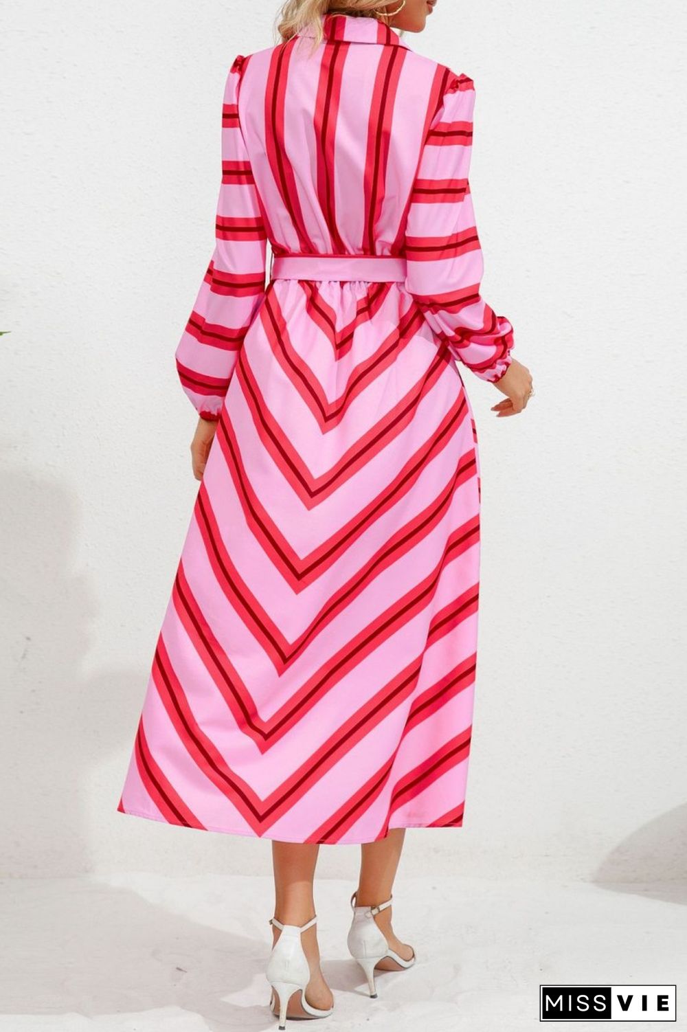 Blue Casual Striped Print Patchwork Turndown Collar Shirt Dress Dresses