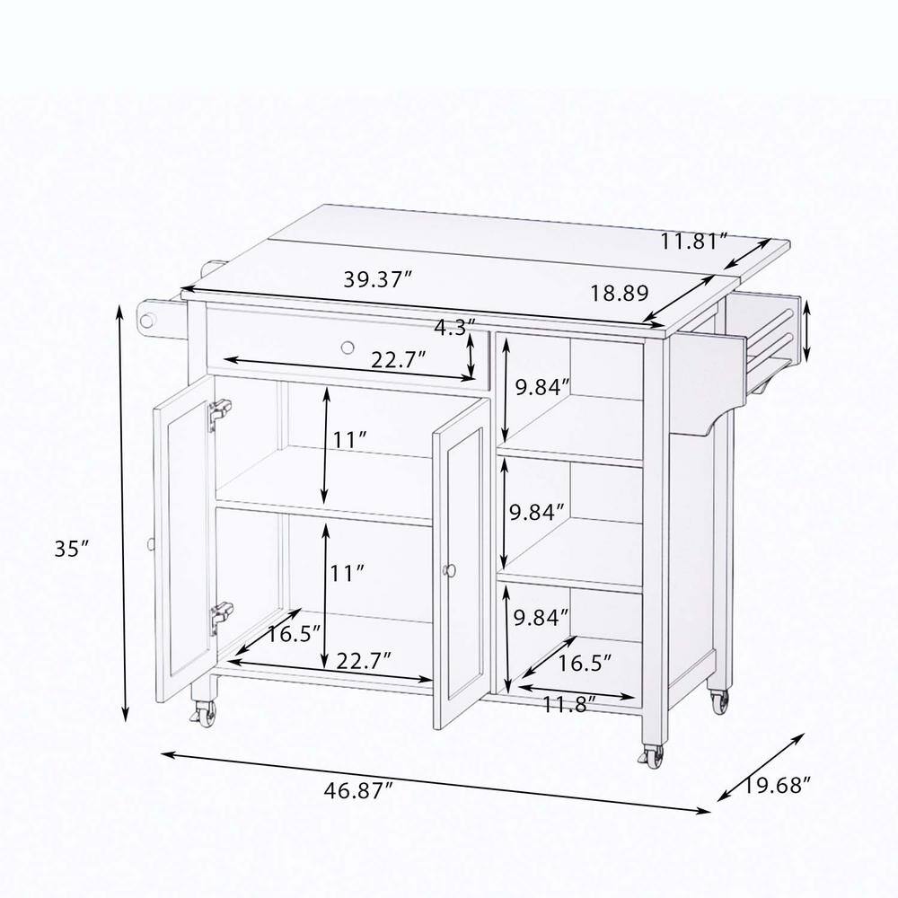 Double Door Kitchen Island White with Lockable Wheels Towel Rack Storage Drawer and 3-Open Shelves LN1228CA-K1