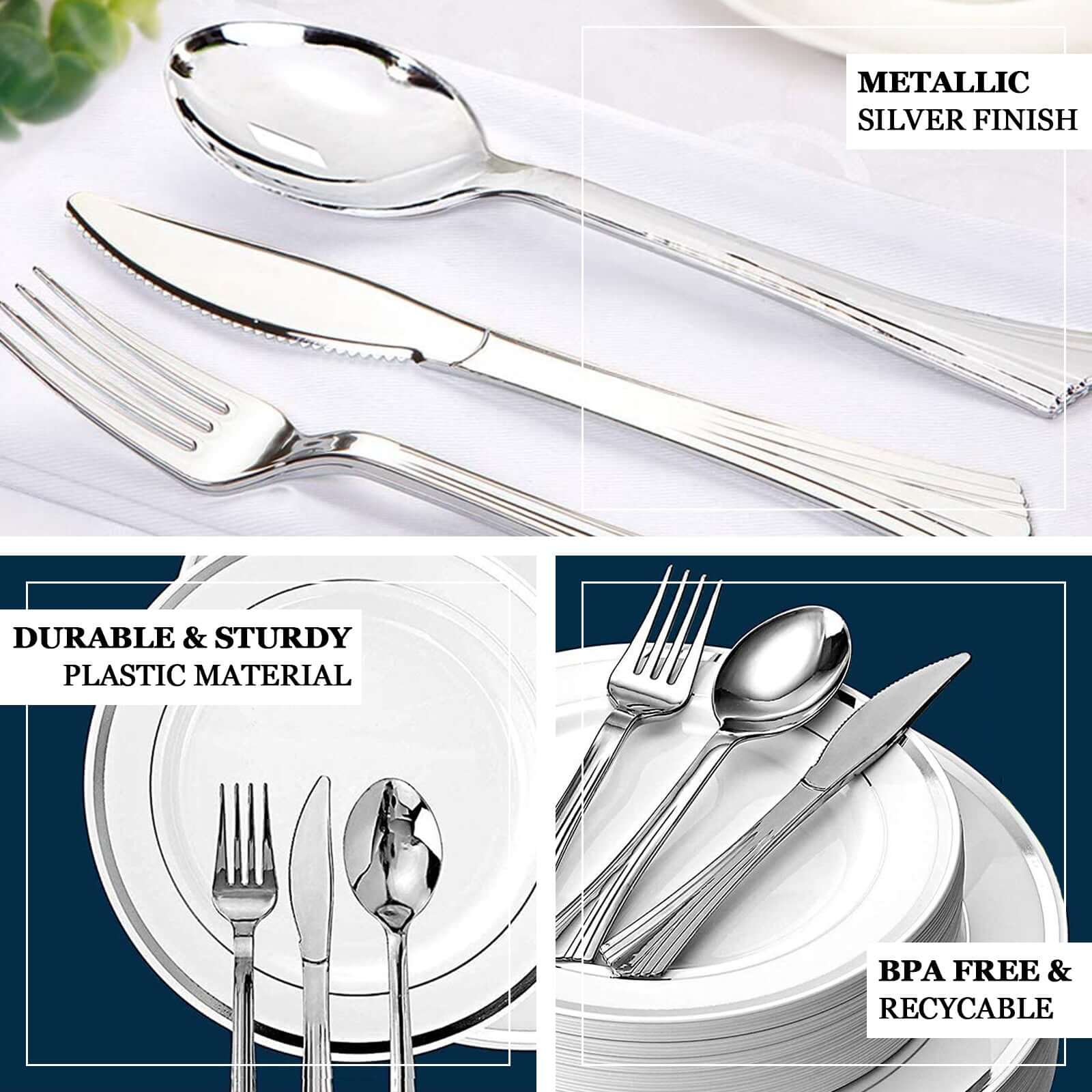 24 Pack Silver Heavy Duty Plastic Utensil Set With Fluted Handles, Disposable Silverware 6