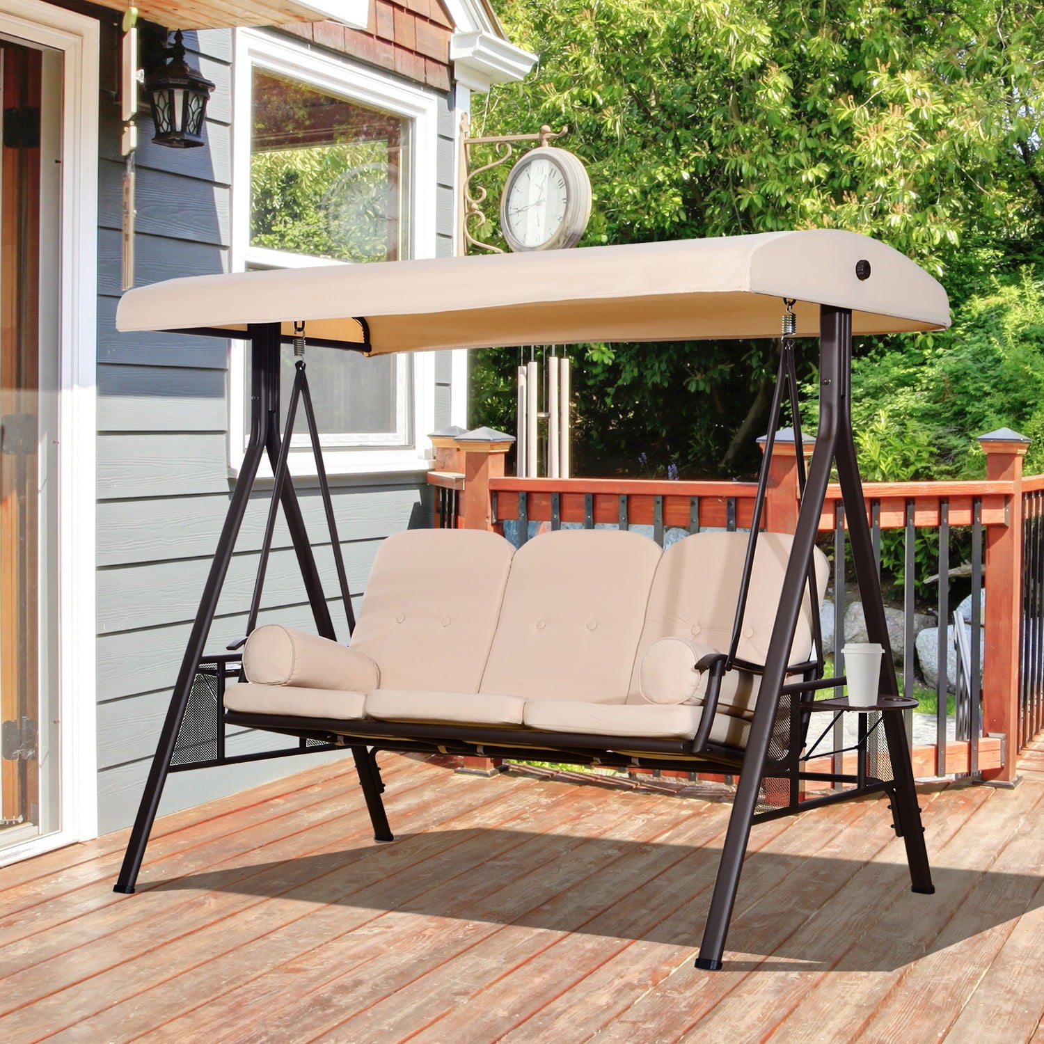 Outsunny 3 People Steel Outdoor Canopy Patio Cushioned Bench Porch Swing, Beige