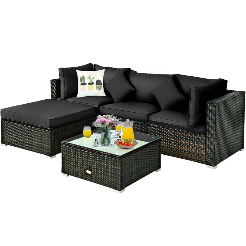 5 Pcs Outdoor Patio Rattan Furniture Sectional Sofa Set Wicker Conversation Set with Cushions